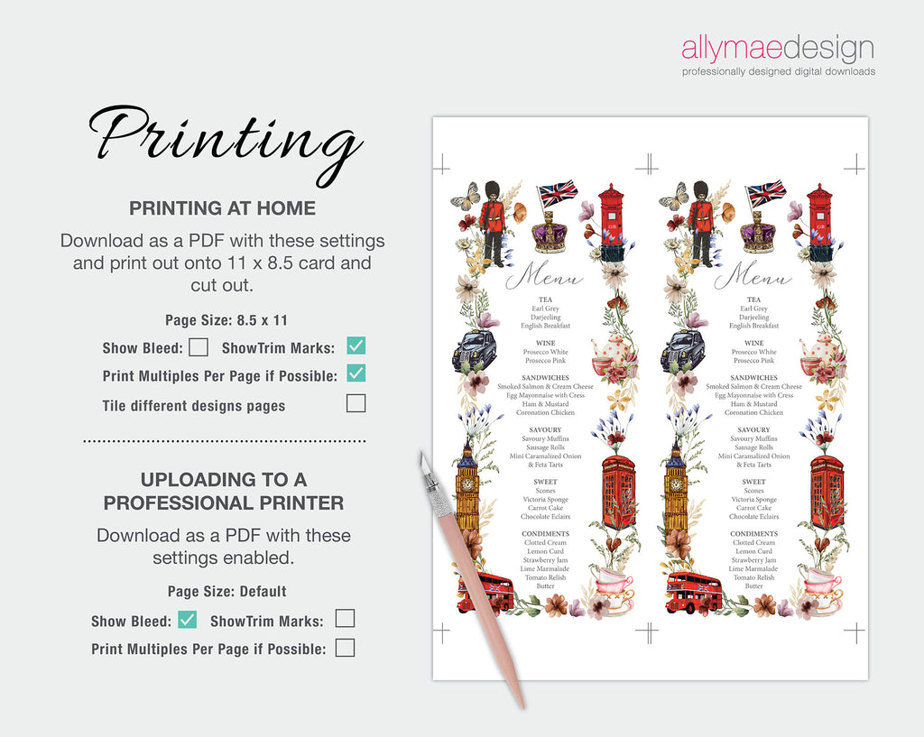 printing instructions for the british tea party menu