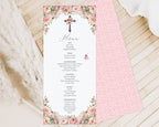 church afternoon tea menu laying on a wooden surface showing the pink pattern back