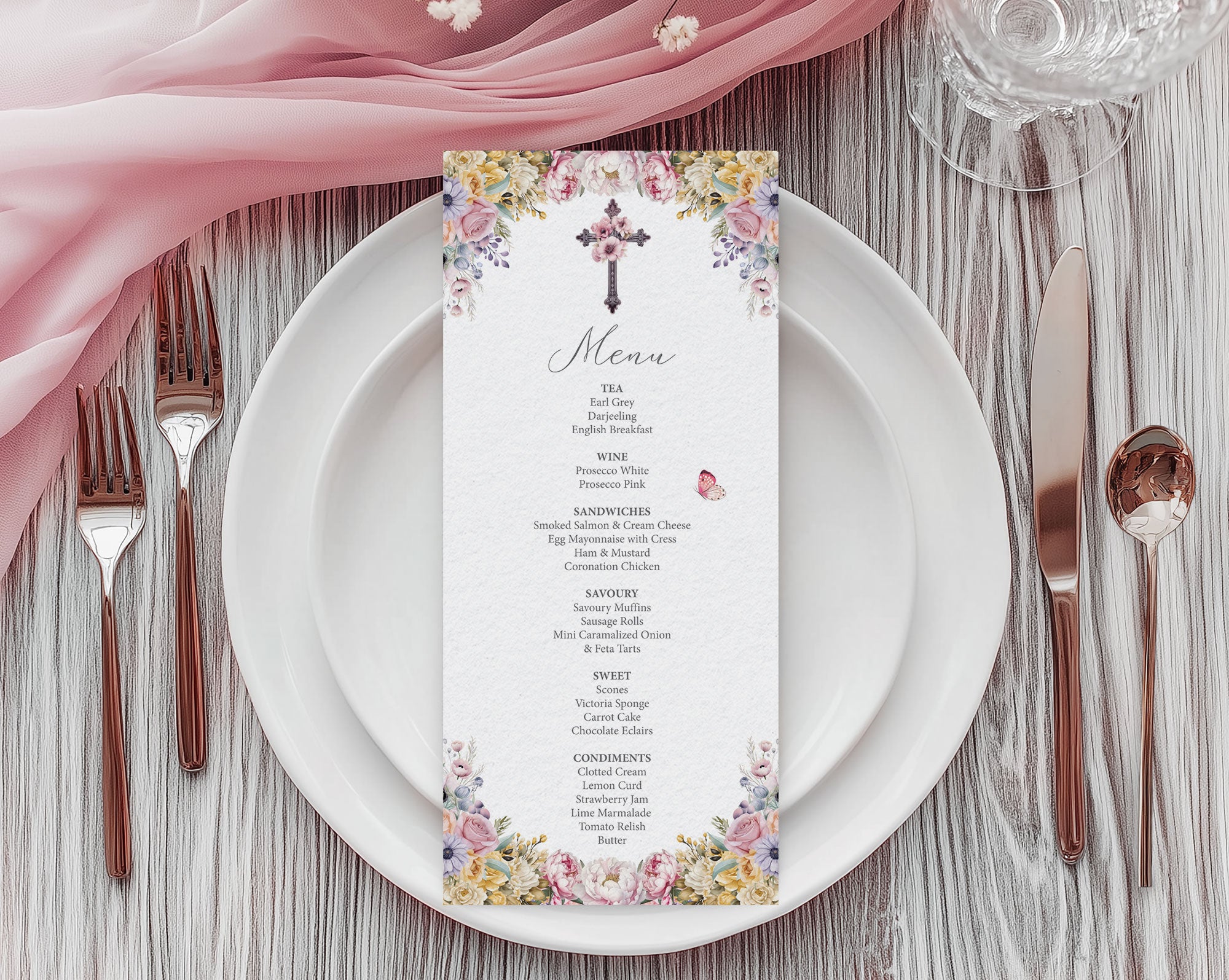 Church Ladies Menu card with pastel floral design and cross on a table setting with cutlery and pink fabric