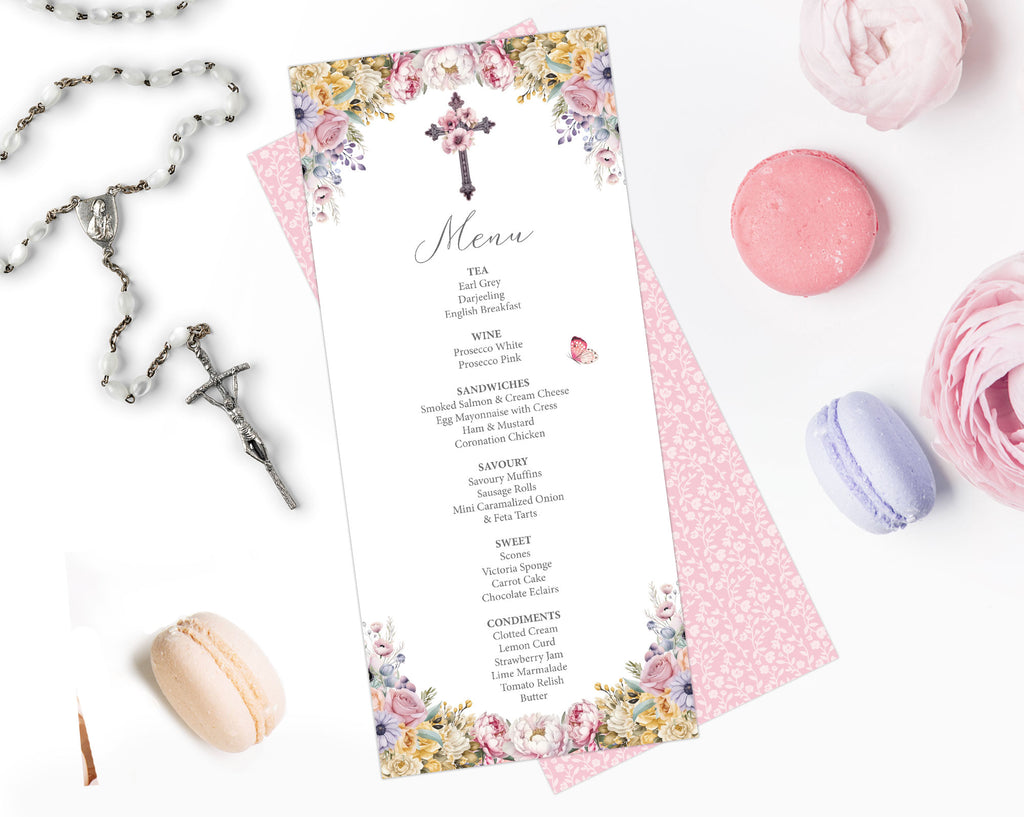 a pastel flower church ladies tea menu with a floral cross lying on a white background next to a rosary and macarons