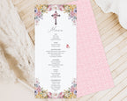 Pastel religious Menu card with floral and cross design on a wooden surface showing the pink pattern back