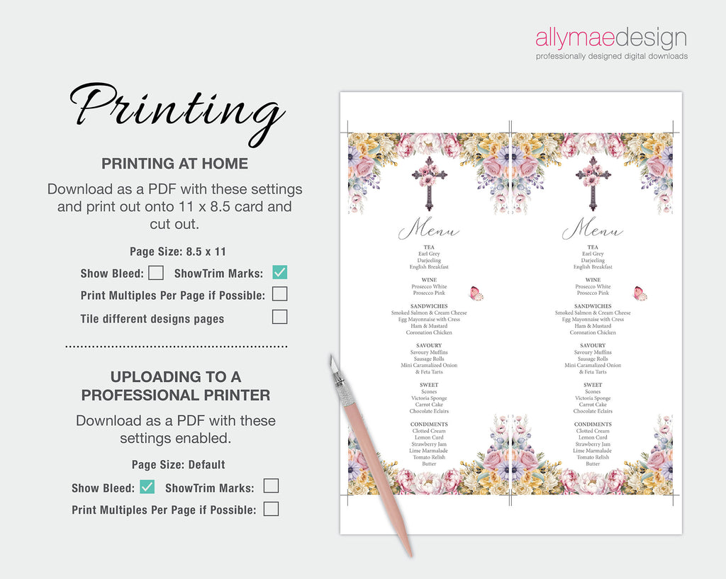 printing instructions for the church event Floral and cross-themed menu card design