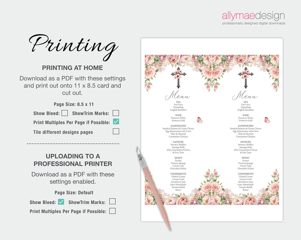 printing instructions for the blush pink church event menu with cross and butterfly