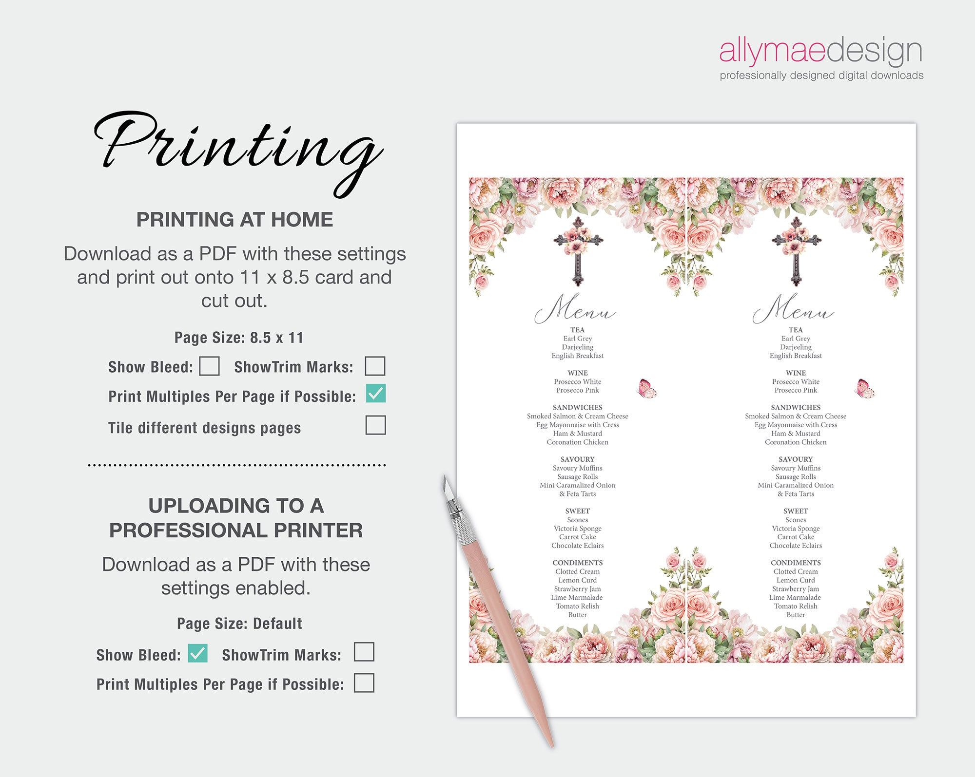 printing instructions for the blush pink church event menu with cross and butterfly