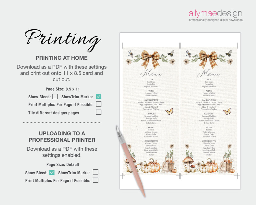 instructions on how to print out the cozy fall menus with print illustration and a blade