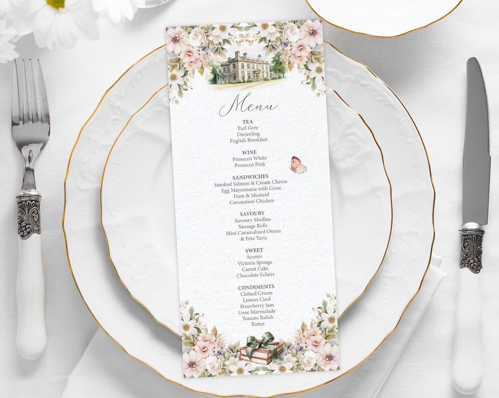 jane austen regency Menu card on a white plate with white flower and silverware