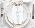 jane austen regency Menu card on a white plate with white flower and silverware