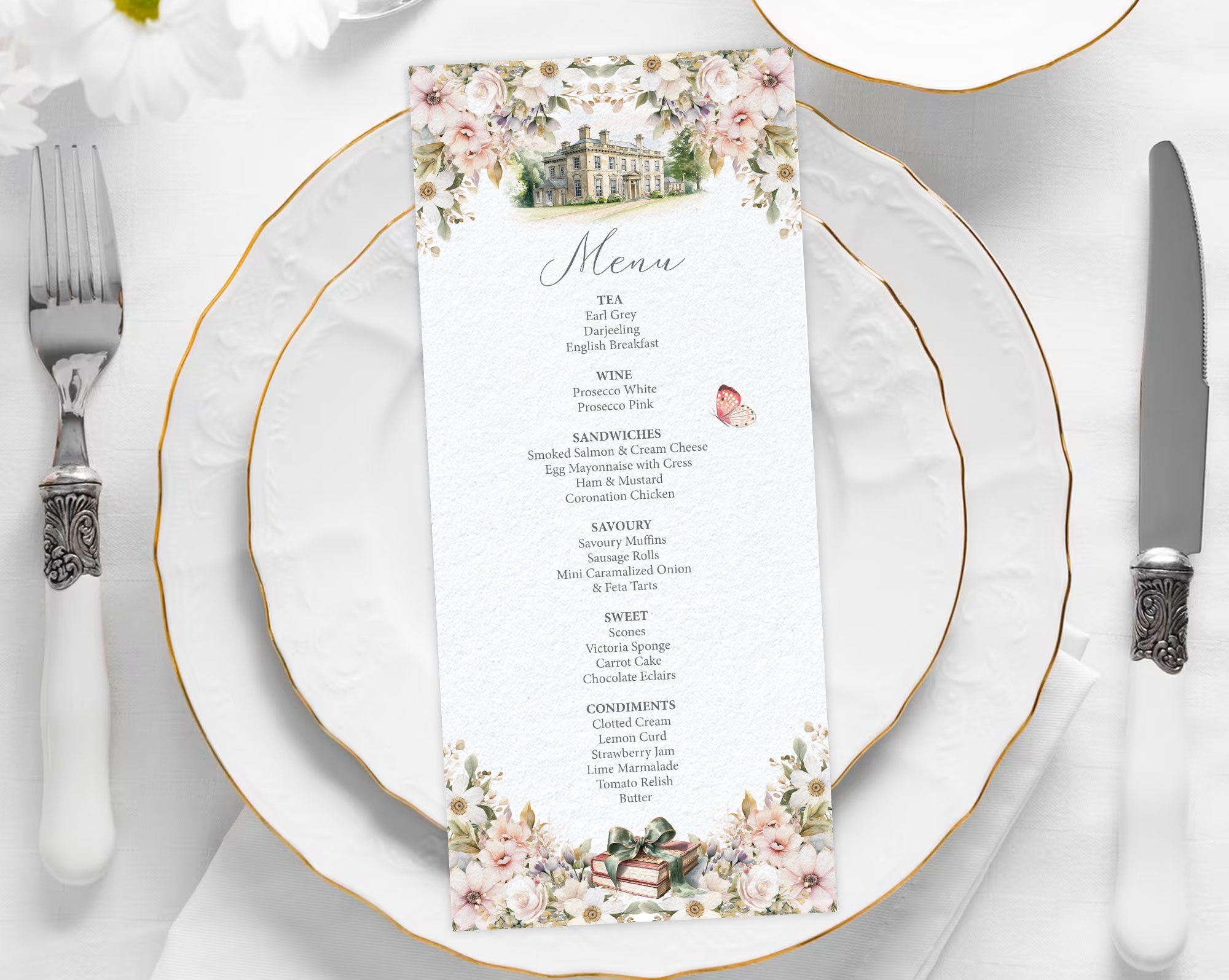 jane austen regency Menu card on a white plate with white flower and silverware