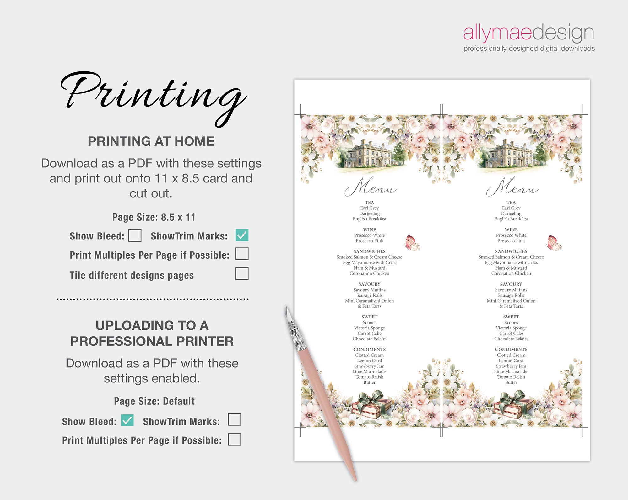 printing instructions for the jane austen menu