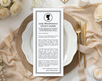 Black and white regency whistledown inspired hen party Society Announcement page on a white plate with cream roses