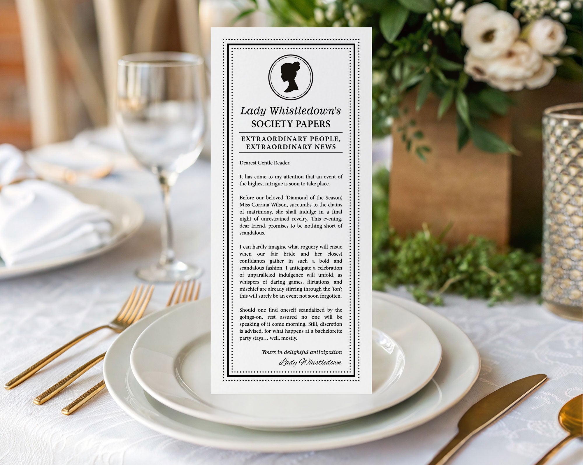Lady Whistledown Society Card Bachelorette Announcement with text and silhouette cameo on a table setting with plates, glasses, and flowers.