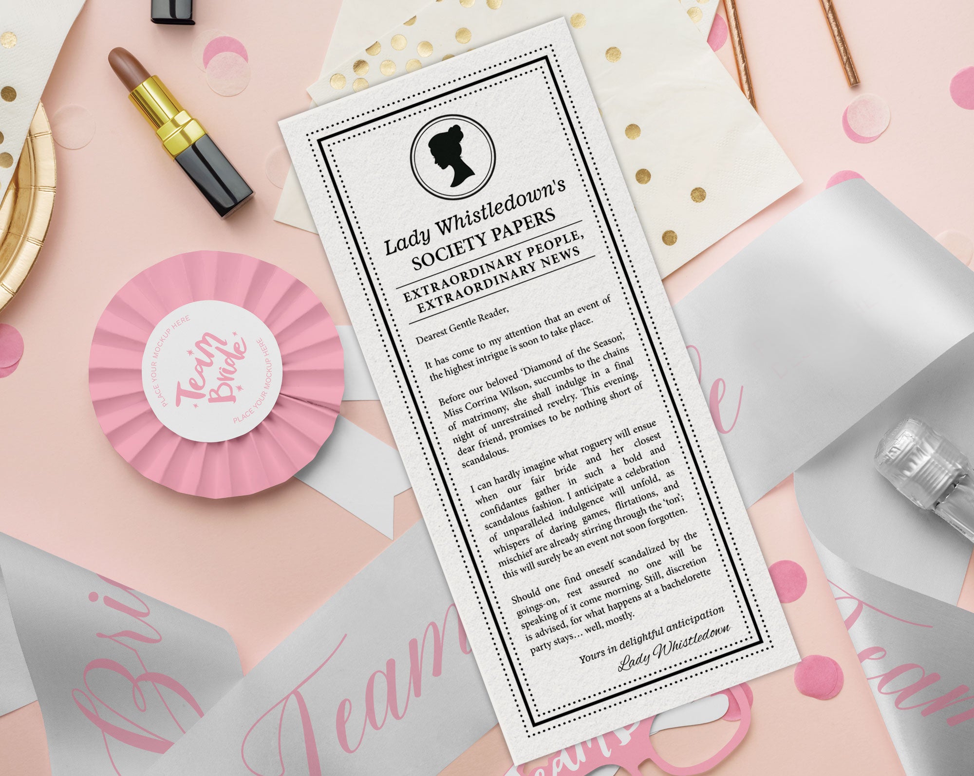pretty black and white regency style society notice for Bachelorette party sitting on patterned white dinner plates next to a serviette with black bow