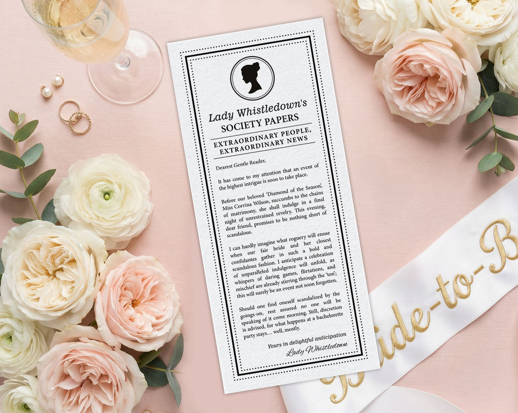 a hen party regency society announcement note, sitting on a pretty blush pink background with light pink and cream flowers and a bride-to-be white sash