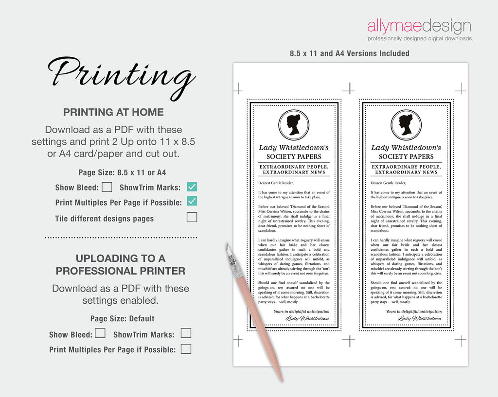 Instructions for printing documents with a pencil on a white background, featuring 'allymae design' branding.
