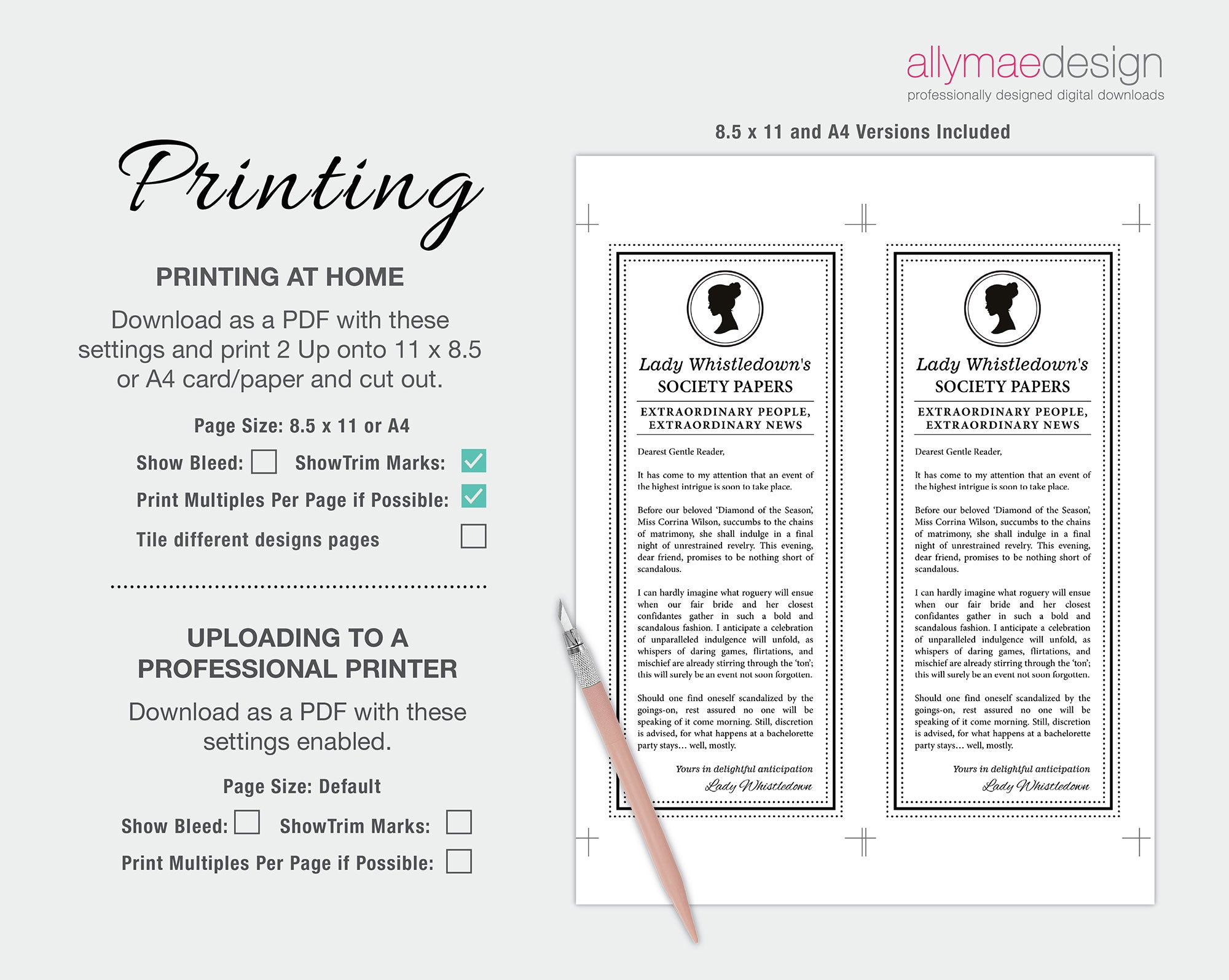 Instructions for printing documents with a pencil on a white background, featuring 'allymae design' branding.