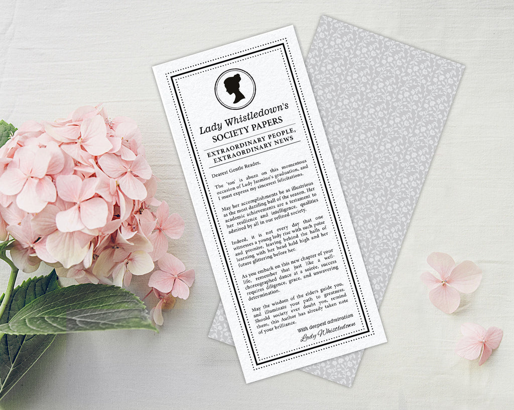elegant regency society page for a graduation showing pattern back on a grey background next to some pink hydrangeas