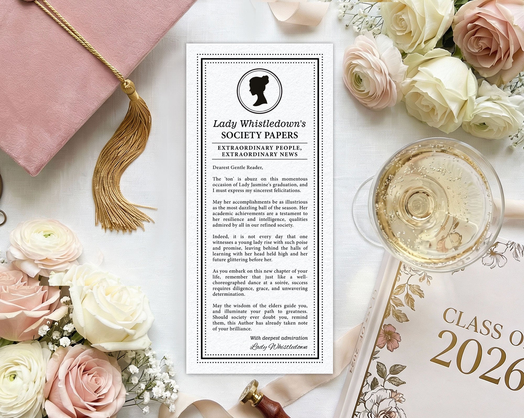 elegant regency bridgerton-inspired society note for a graduation, next to a pink graduation cap, pink and cream flowers and Class of 2026 year book