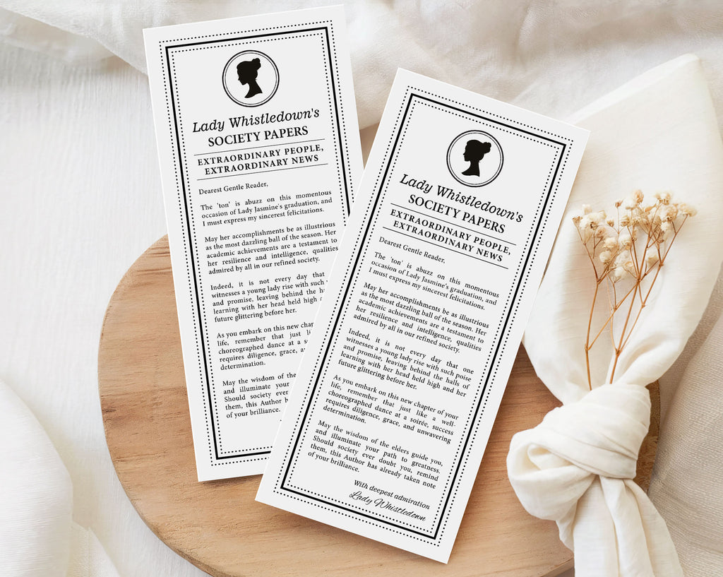 two 'Lady Whistledown's Society graduation Announcement Papers' on a wooden surface with a white fabric background.