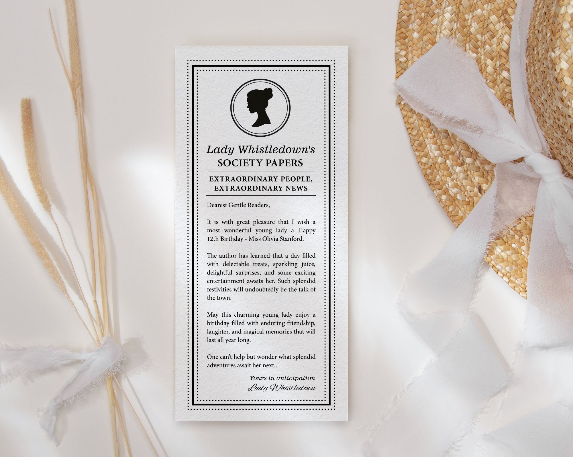 a black and white regency lady whistledown inspired kids birthday society note laying on a white background with a straw hat and some dried flowers
