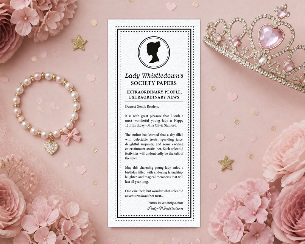 a kids birthday whistledown society announcement, black and white with cameo, laying on a dusty pink background with a bracelet, pink flowers and a tiara next to it