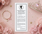 a kids birthday whistledown society announcement, black and white with cameo, laying on a dusty pink background with a bracelet, pink flowers and a tiara next to it