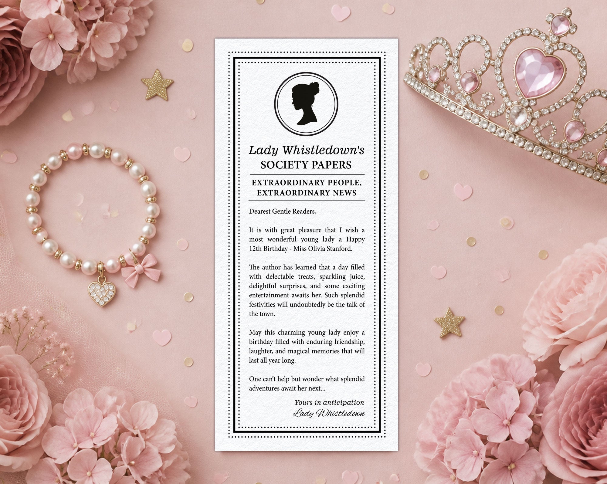 a kids birthday whistledown society announcement, black and white with cameo, laying on a dusty pink background with a bracelet, pink flowers and a tiara next to it
