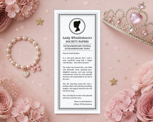 a kids birthday whistledown society announcement, black and white with cameo, laying on a dusty pink background with a bracelet, pink flowers and a tiara next to it