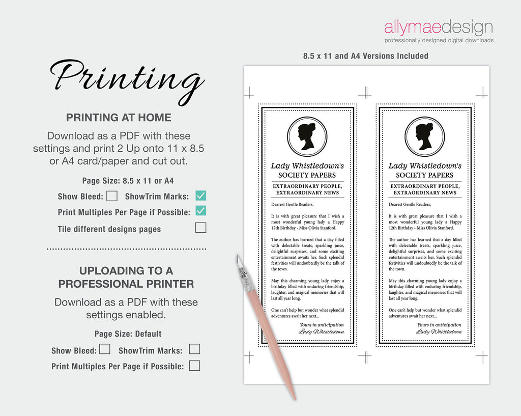 instructions on how to print the Whistledown Inspired Kids Birthday Society Page