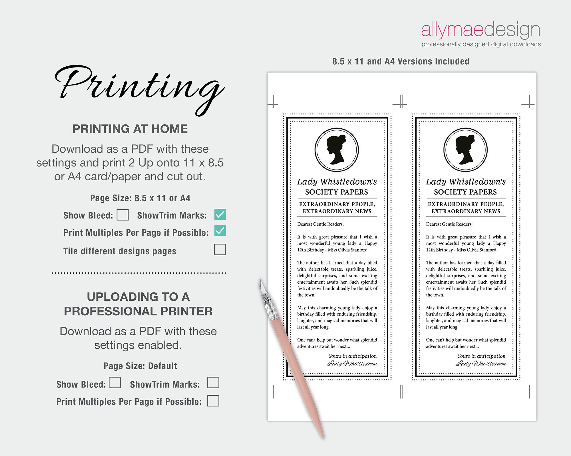 instructions on how to print the Whistledown Inspired Kids Birthday Society Page