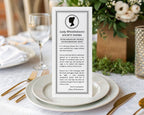 Lady Whistledown Society Card Birthday Announcement with text and silhouette cameo on a table setting with plates, glasses, and flowers.