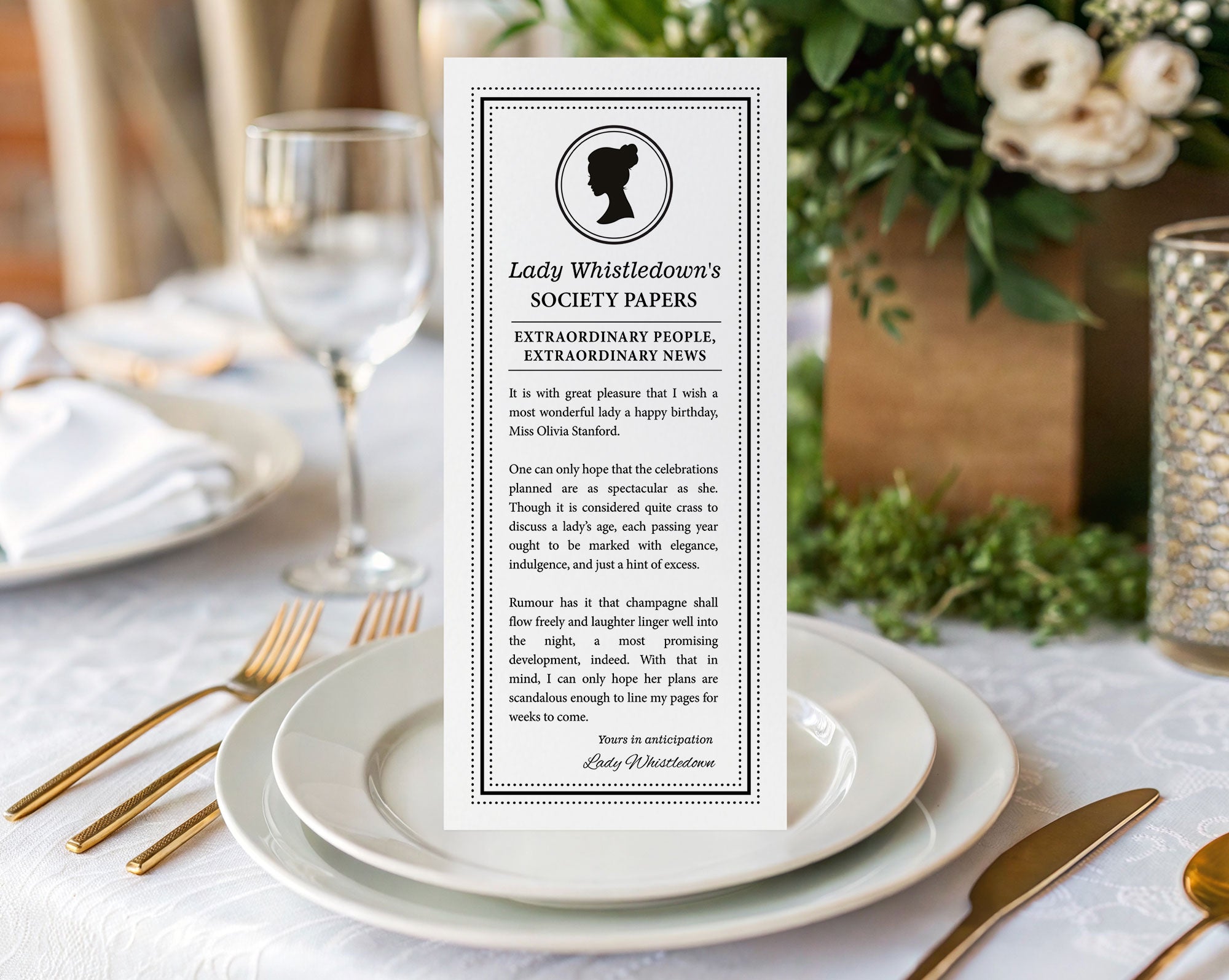 Lady Whistledown Society Card Birthday Announcement with text and silhouette cameo on a table setting with plates, glasses, and flowers.
