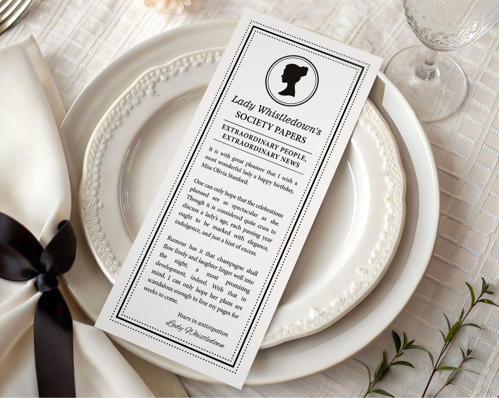 card titled 'Lady Whistledown's Society Papers' on a white plate.