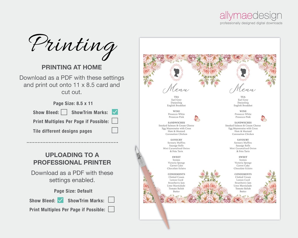 Print out your afternoon tea menu at home or at your local print shop