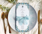 Blue tea menu with regency cameo on a plate wrapped with pretty blue ribbon
