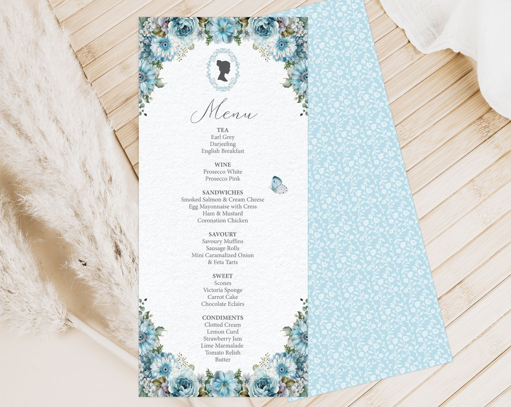 elegant blue flower style menu with regency cameo and butterfly, lying on a wooden background with dried flowers and showing a pretty blue pattern back