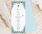 elegant blue flower style menu with regency cameo and butterfly, lying on a wooden background with dried flowers and showing a pretty blue pattern back