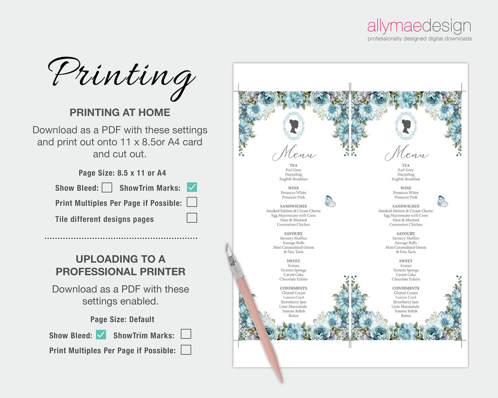 instructions on how to print the blue flower, 4x9 tea menu