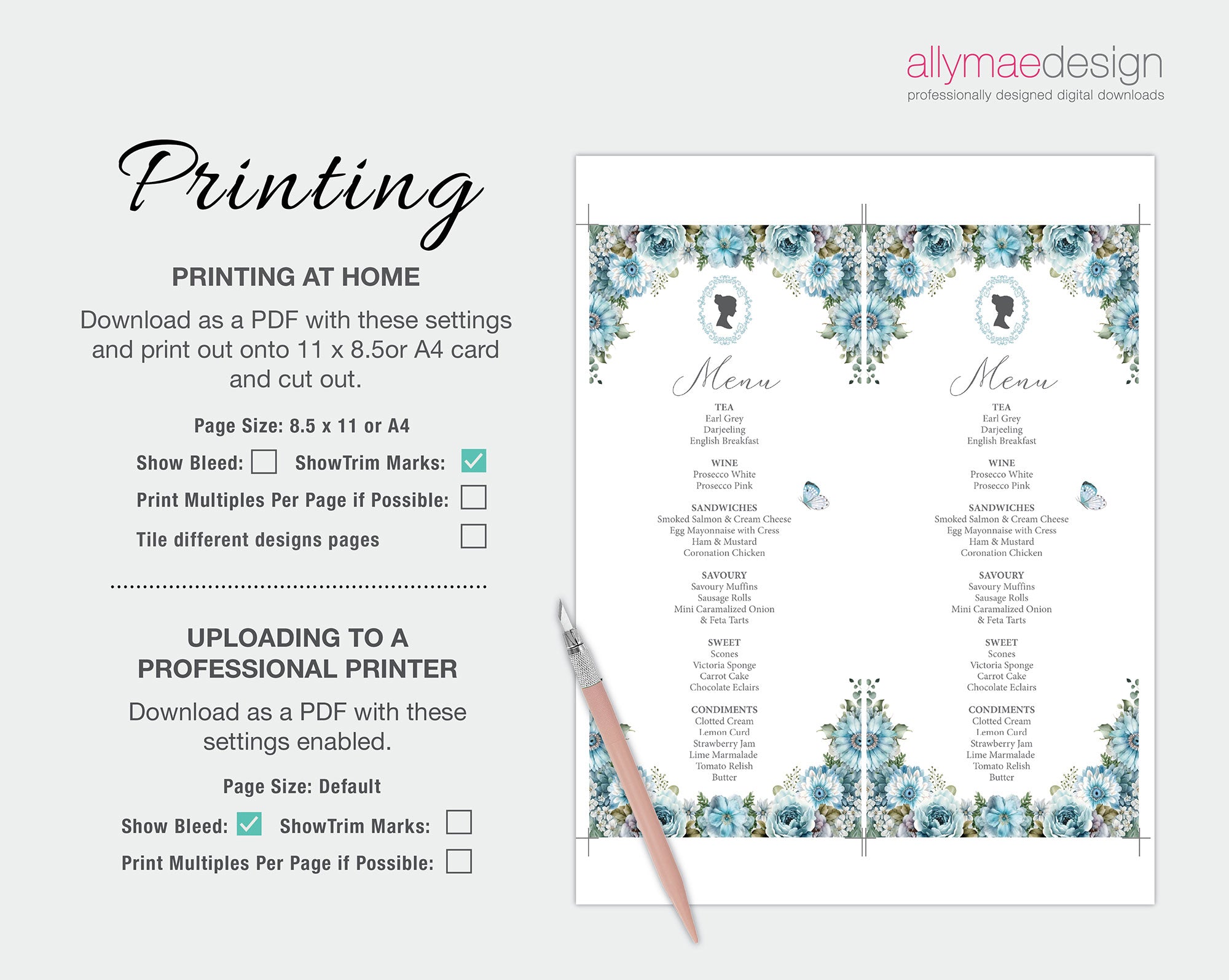 instructions on how to print the blue flower, 4x9 tea menu