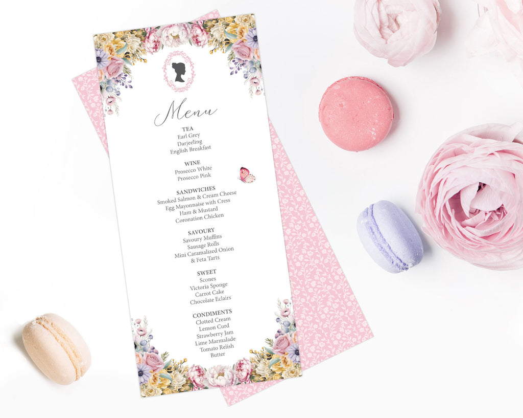 pastel macarons around a pastel flower regency style menu