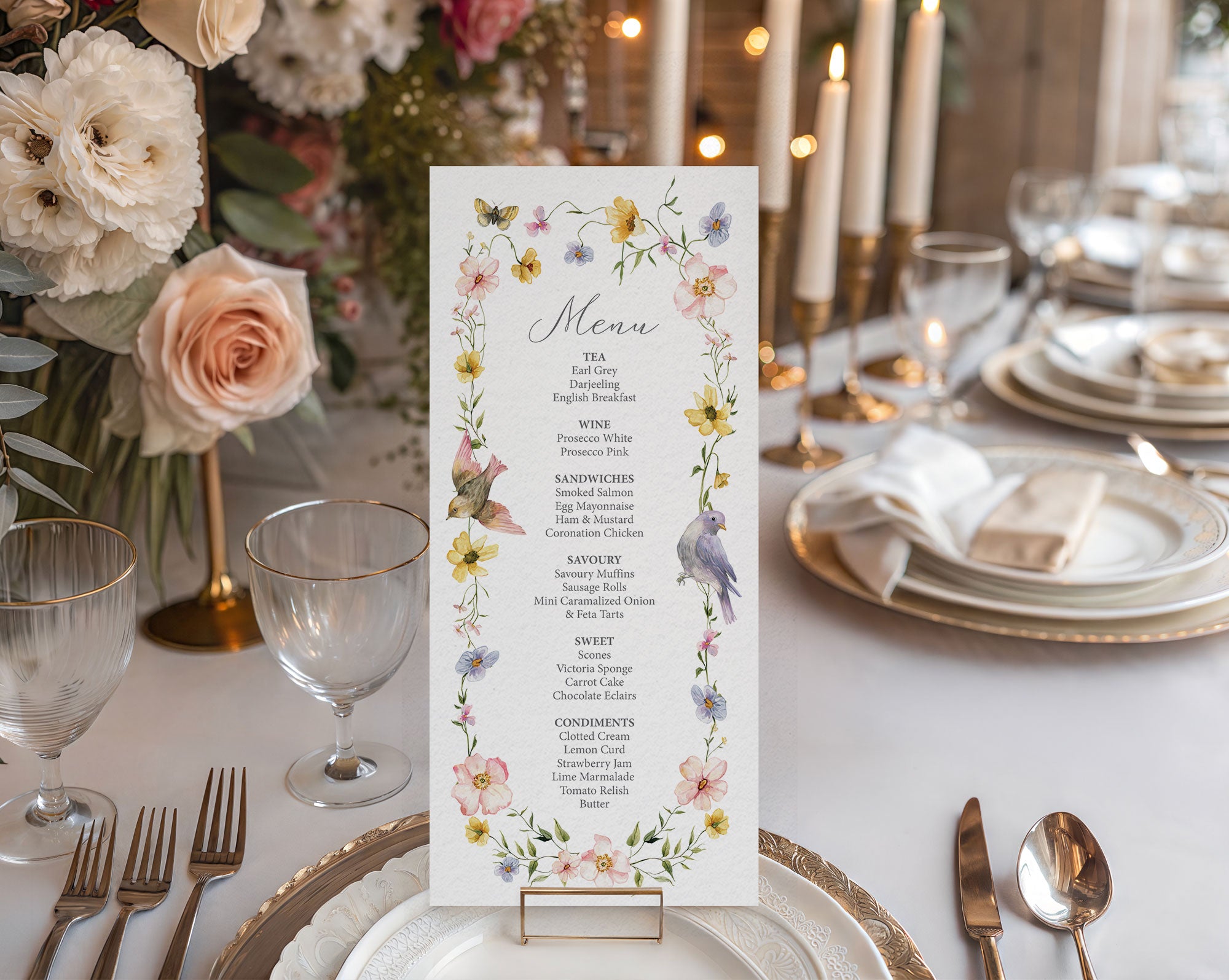 elegant Floral menu card on a table setting with plates, glasses, and candles.