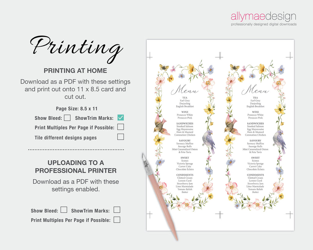 print instructions for the wildflower and birds baby shower menu
