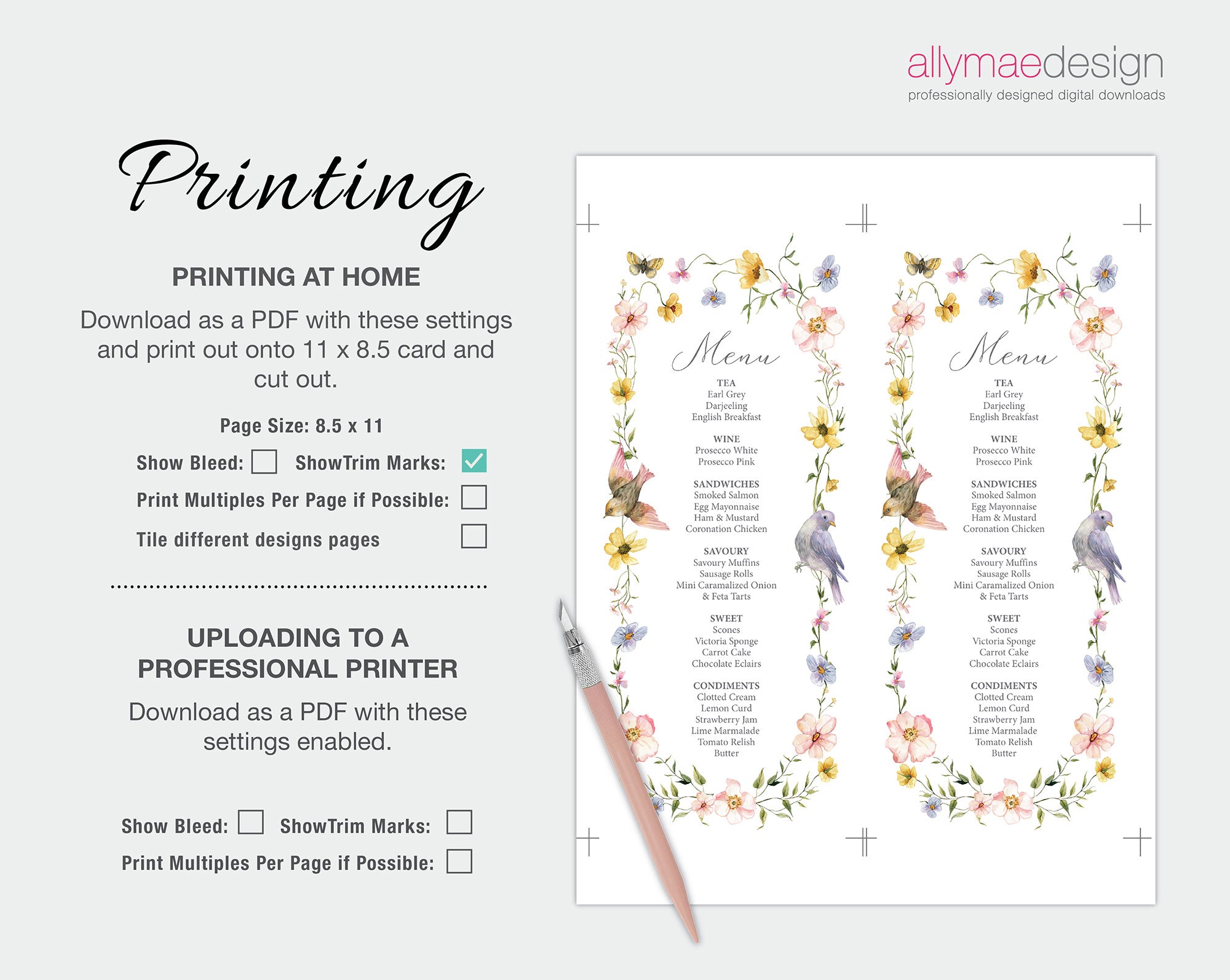 print instructions for the wildflower and birds baby shower menu