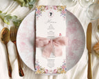 Pastel Bridgerton Inspired menu with regency cameo and pretty ribbon