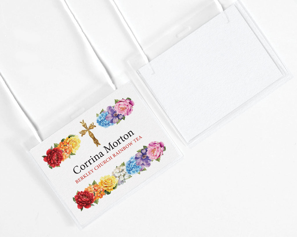 A name badge showing front and back for a CHURCH RAINBOW TEA' decorated with colorful flowers and gold cross