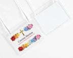 A name badge showing front and back for a CHURCH RAINBOW TEA' decorated with colorful flowers and gold cross