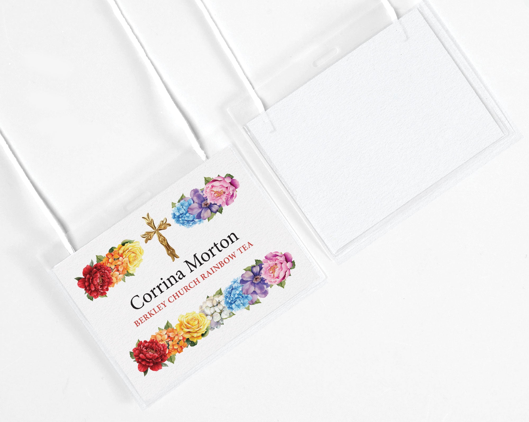 A name badge showing front and back for a CHURCH RAINBOW TEA' decorated with colorful flowers and gold cross