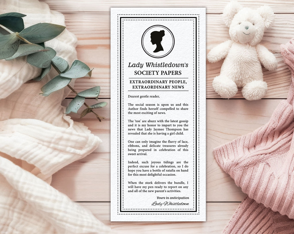 Newspaper with 'Lady Whistledown's Society Papers' on a wooden surface with a teddy bear and eucalyptus leaves.