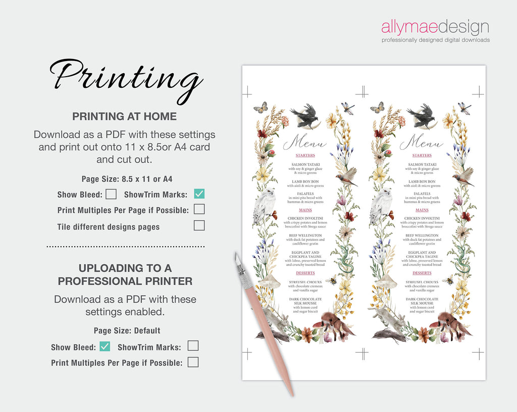 printing instructions for the enchanted dinner menu