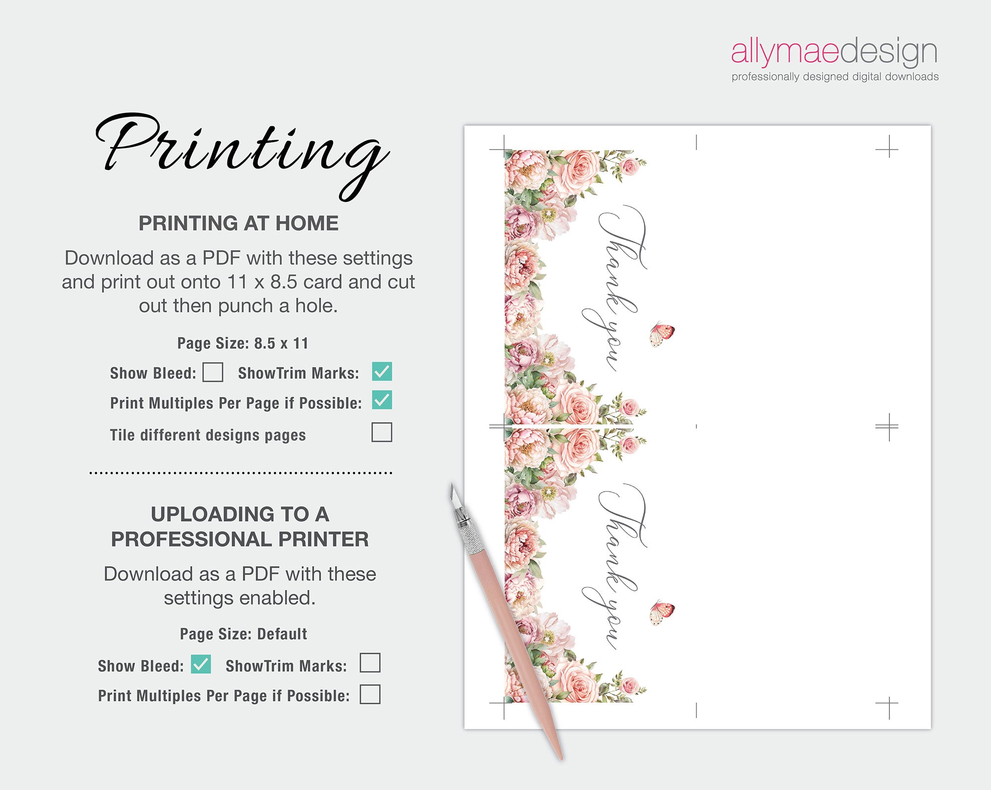 Instructions for printing a floral design with a cutting knife on a white background