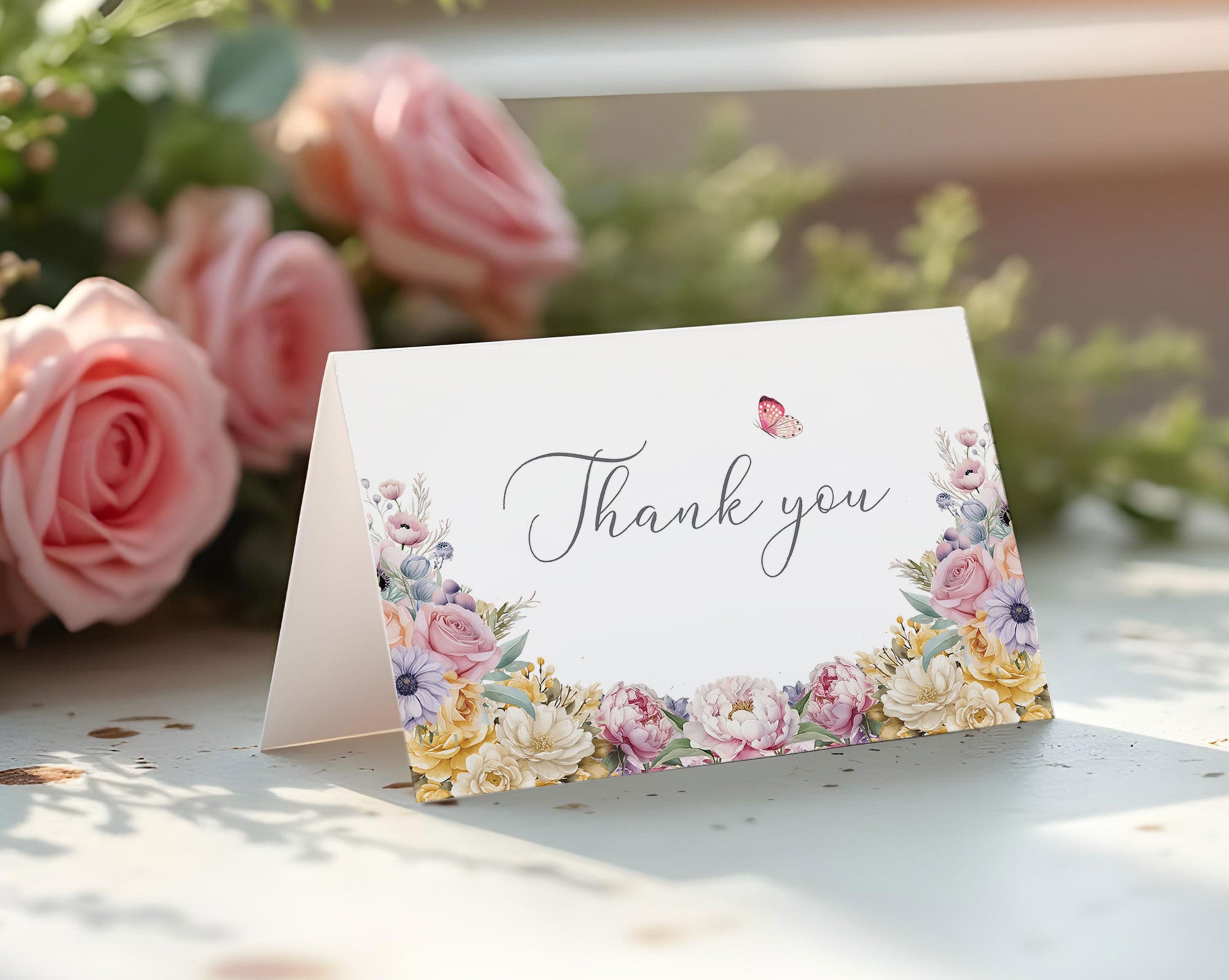 5 x 3.5 Thank You Tent Card, Pastel Flowers, Editable Wording, Butterfly